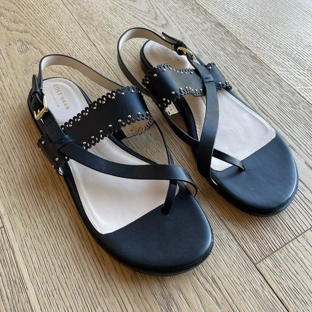 Cole Haan Anica Black Scalloped Studded Leather Thong Slingback Sandals 11B